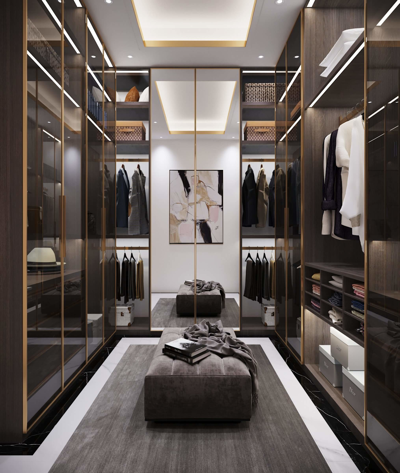 Modern gardrop cam panelli altın detaylı 3D render